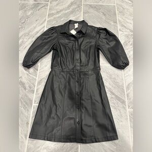 NWT H&M Womens Faux Black Button Down Front Puff Sleeves Dress Size 4
